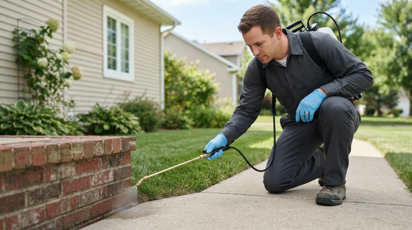 Pest control technician treating a home near Nortonville, KS
